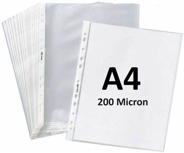 True-Ally Plastic Heavy Duty 50 Pcs 200 Micron Transparent Document Sleeves, Leaf Sheet Clear Certificates/Waterproof Sheet Protectors 11 Holes Punched Ring Files Folder (A4 Size) (50 Sheets - 200 Micron)