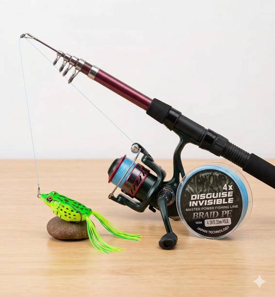 PIRENE Complete Pro Fishing Starter Kit: Telescopic Rod, Spinning Reel, 100m Line, and Frog Lure. Multicolor Fishing Rod