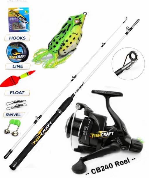 FISHCRAFT 2 Piece Portable 5ft fishing Rod & CB240 Spinning Reel Combo with Frog Lure, Hooks, Line, Float & Swivels White Fishing Rod