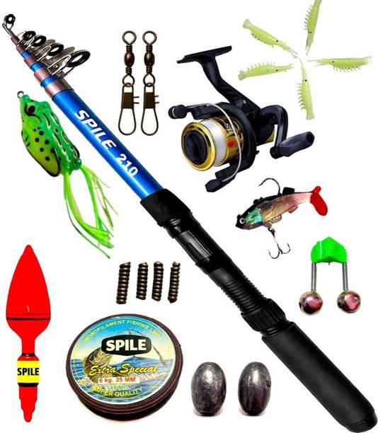 SPILE 2.1m (210cm) Telescopic Fishing Rod Combo Set with Spinning Reel, Line, Hooks, Lures & Full Kit for Freshwater & Saltwater Fishing Blue Fishing Rod