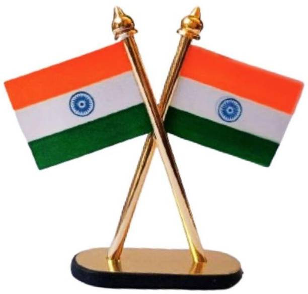 Rudra Indian Flag Cross Design Double Sided Dashboard showpiece Stand Rectangle Outdoor Flag