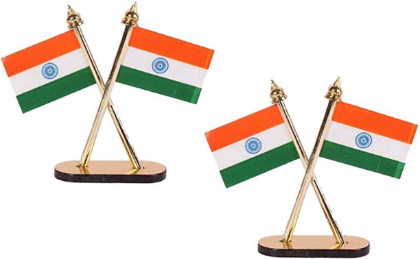 Rudra (Pack of 2) Double Sided Indian Flag Cross Design Car Dashboard showpiece Stand Decorative Showpiece  -  15 cm