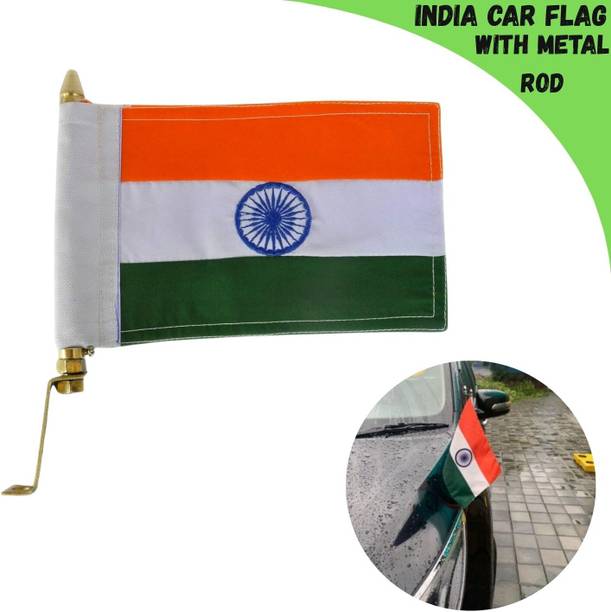 ENEMYT Indian Metal Embroidered Flag With Golden Metal Rod Rectangle Car Window Flag