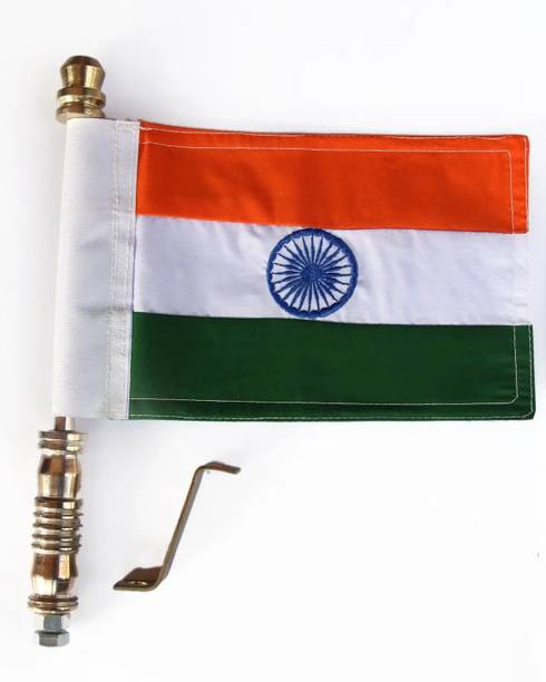 SRPHERE Indian (National) Embroided Cloth Flag with Big Golden Metal Rod for Car Bonnet Rectangle Car Window Flag