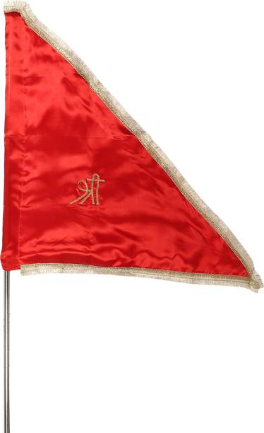 DOKCHAN Handmade Shree Red Satan Silk Flag With Gota Kiran Golden Border Rectangle Outdoor Flag