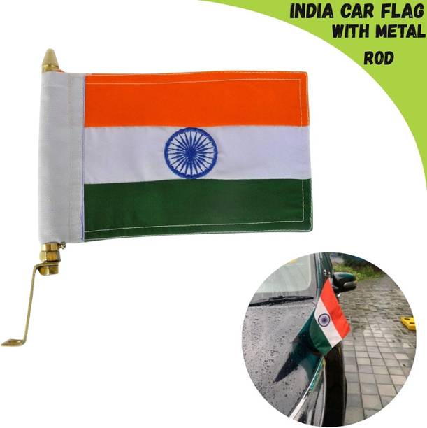 ENEMYT Indian Metal Embroidered Flag With Golden Metal Rod Rectangle Car Window Flag