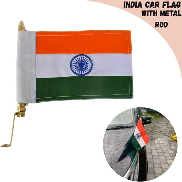 ENEMYT Indian Metal Embroidered Flag With Golden Metal Rod Rectangle Car Window Flag
