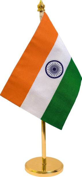 ZAHEPA Indian Table Flag of Khadi Fabric with Gold Plated Metal Base A-Foldable Table Miniature Flag