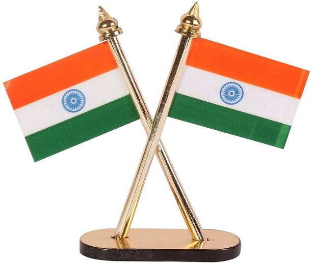 He and She SHOPPING Indian Crossed Flag Gold Base for Car Dashboard Office Table Study Table Rectangle Table Miniature Flag