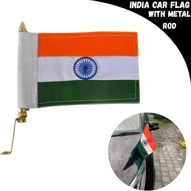 SRPHERE Indian Metal Embroidered Flag With Golden Metal Rod Rectangle Car Window Flag