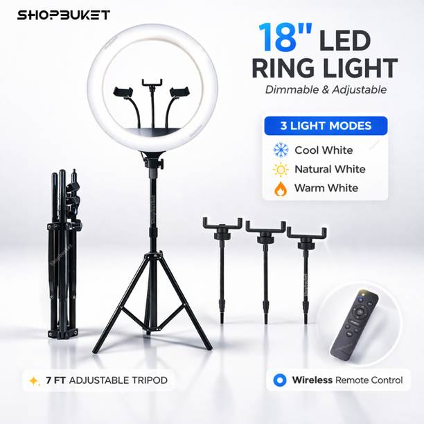 shopbucket 18 Inch LED Ring Light 7 Ft Metal Stand with Remote 3 Mode Ring Flash