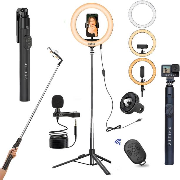 USTINE Youtuber Kit | 10" Ring Light | Imported mic | Extra-Long Selfie Tripod Ring Flash