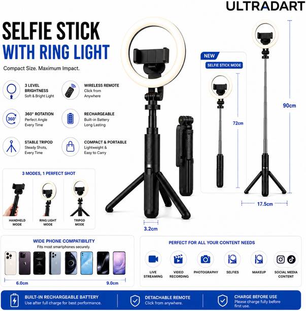 ULTRADART Mobile Tripod Stand with Ring Light & Selfie Stick for Vlogging Ring Flash