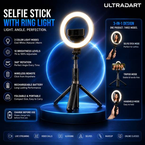 ULTRADART Ring Light with Tripod & Selfie Stick, 3 in 1 Mobile Stand with Bluetooth Remote Ring Flash