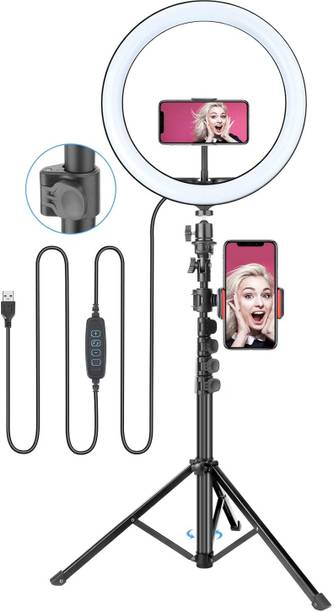 PKST 10" Selfie LED Light, Phn Holder, 7Ft Long Stand,360'5m long collar mic-kit Ring Flash
