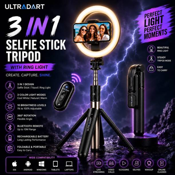 ULTRADART Ring Light Tripod with Selfie Stick & Bluetooth Remote for Mobile Ring Flash