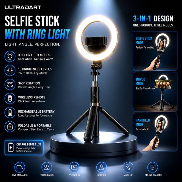 ULTRADART 3 in 1 Selfie Stick with Ring Light & Tripod Stand with Remote Ring Flash