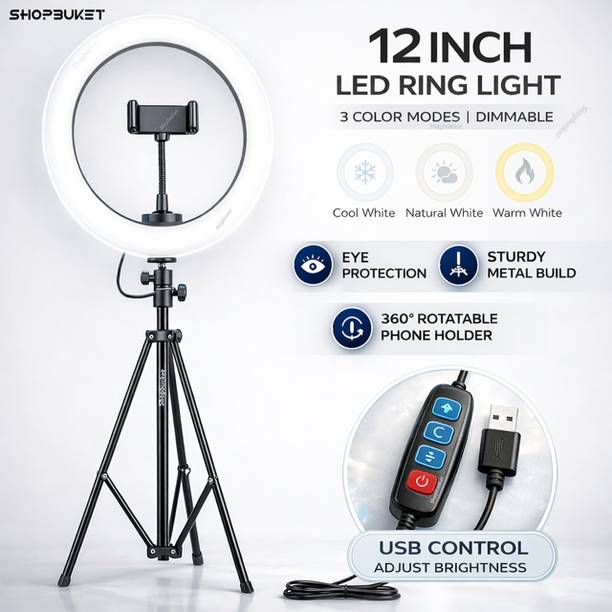 shopbucket 12 Inch Ring Light with 7 Ft Metal Stand 3 Mode for Face Lighting Ring Flash