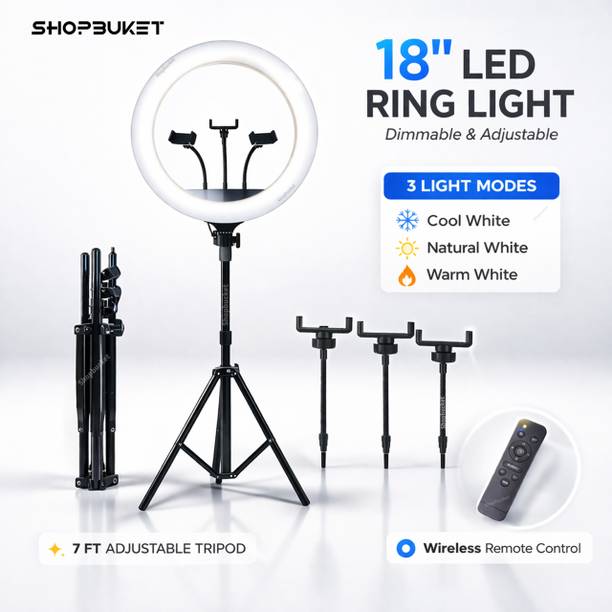 shopbucket 18 Inch LED Ring Light 7 Ft Steel Tripod Stand Remote Light Ring Flash