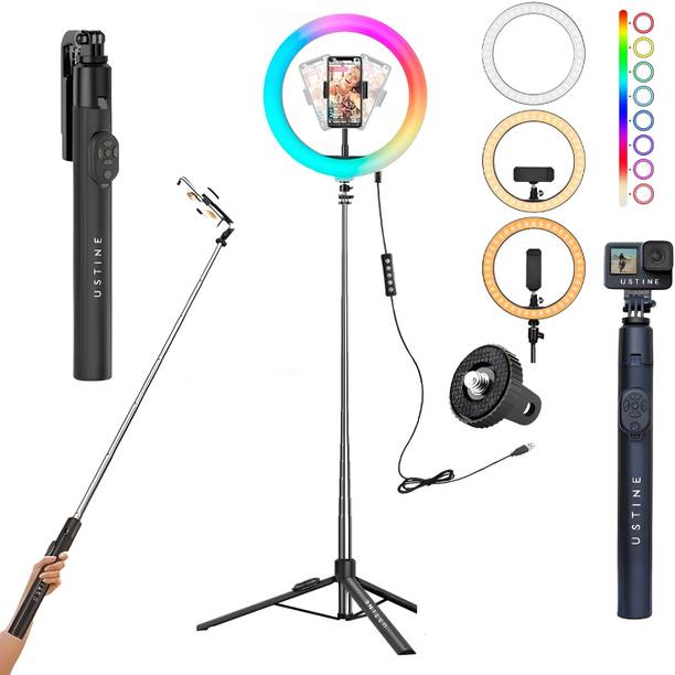 USTINE 10in Big RGB LED Ring Light, 7 Feet Long Foldable and Lightweight Tripod Stand Ring Flash