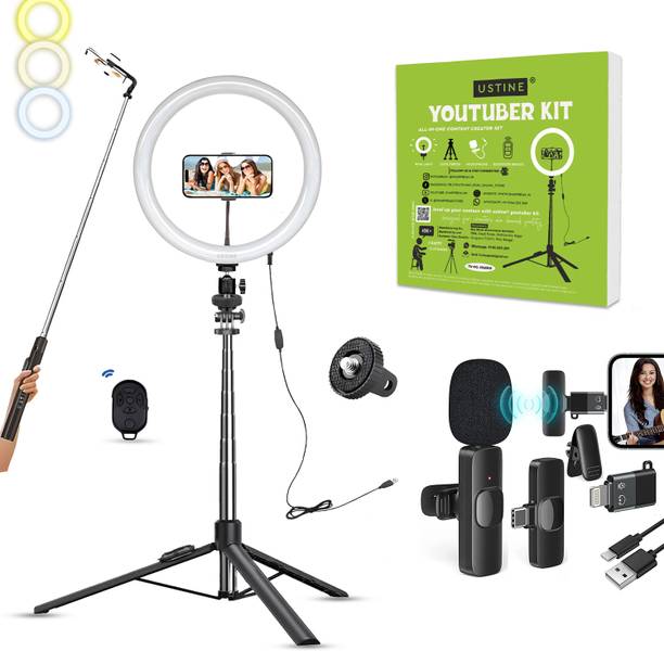 USTINE Youtuber Kit: 10" Ring Light, Wireless Mic & 67" Tripod for Reels & Videos Ring Flash