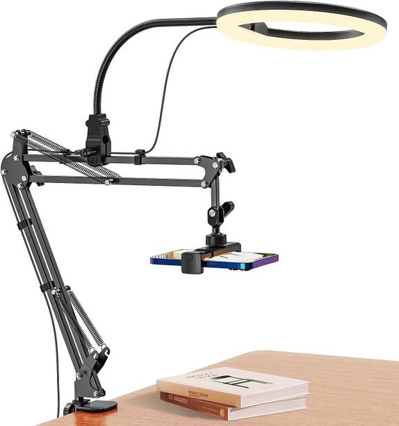 sounce 10" Ring Light Mobile Holder Stand with Metal Arm & Overhead Desktop Mount Ring Flash