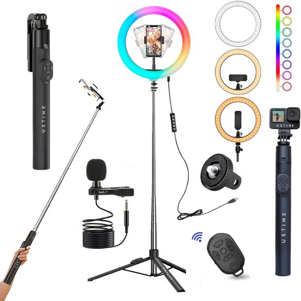 USTINE Youtuber Kit | 10" RGB Ring Light | Imported mic | Extra-Long Selfie Tripod Ring Flash