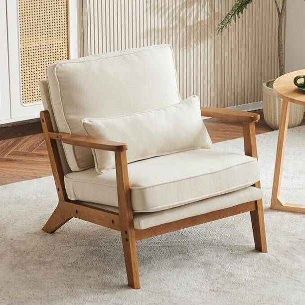 GSWOOD Accent Chair with Wide Armrest Linen Fabric Lounge Chair with Support Pillow Beige Reading Chair