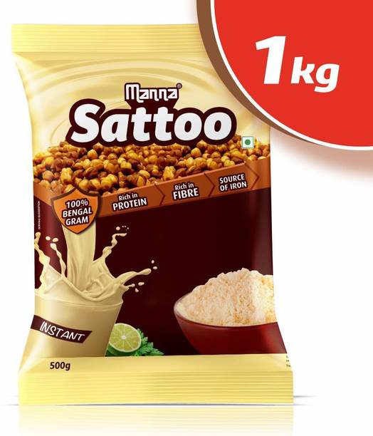 Manna Sattoo 1kg (500g x 2 Packs) | Sattu Drink Mix (100% Natural) - Indian Protein Mix, High Fibre, Healthy roasted Chickpeas Flour