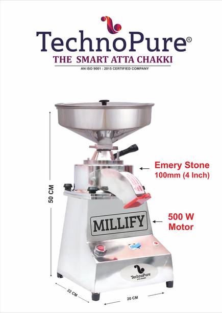 TechnoPure MILLIFY 500W Multi Grain Mill, Mini Atta Chakki for Home, Heavy Duty Motor Gharghanti Domestic Flour Mill, Gharelu Atta Chakki, 5-10 Kg/Hour, Stone Based Flourmill