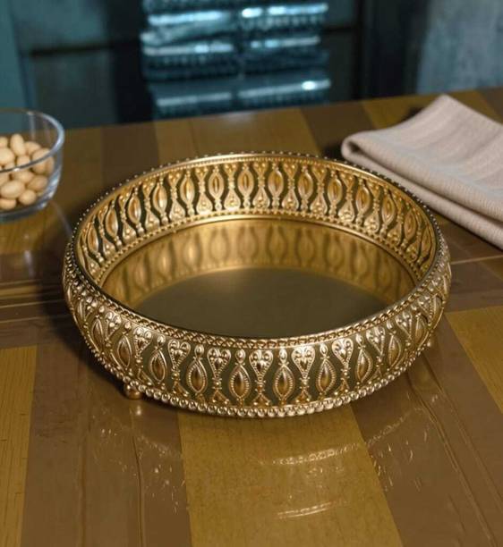 AyaDecor Metal Gold Plated Pooja Thali / Designer Round Basket for Home Temple Iron Table Diya