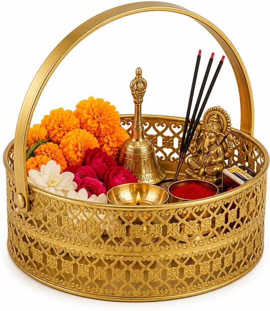 Griplt Golden Brass Pooja Basket with Handle | Brass Flower Basket