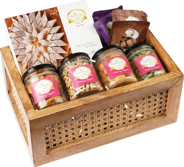 Ghasitaram Gifts RectangleRattanBasket-KajuKatli,mewabite,anjeeerbite,2jar dryfruit,2jars Namkeen Combo