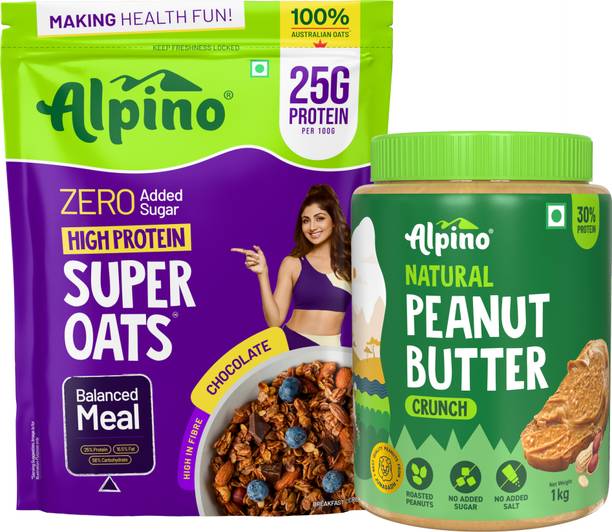 ALPINO Chocolate Oats 1kg & Natural Peanut Butter Crunch 1kg Combo