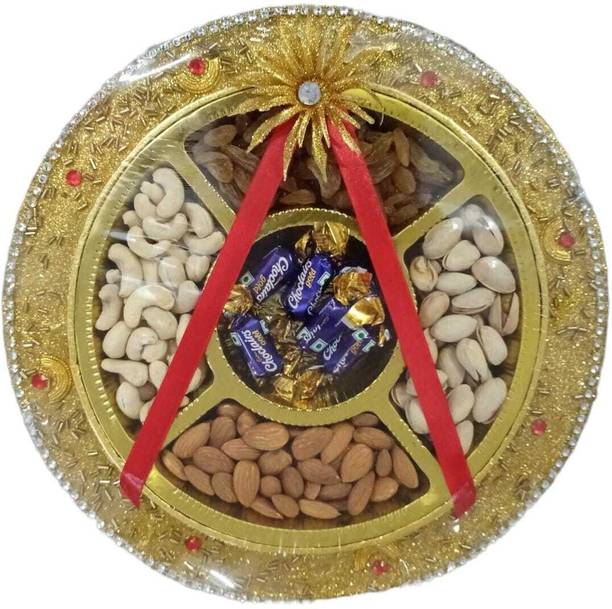 Happy Basket By Simran Golden Round Dry Fruit Tray with Chocolates – Elegant Diwali Gift Hamper Combo