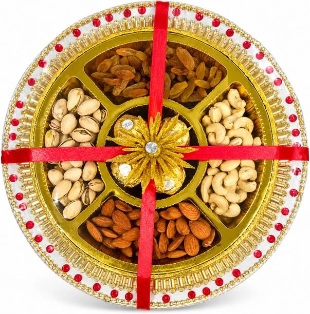 Happy Basket By Simran Dry Fruit tray gift hamper for Diwali, New year with dry fruits & Ferrero Rocher Combo
