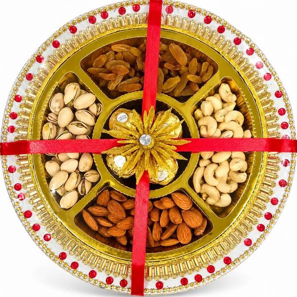 Happy Basket By Simran Dry Fruit tray gift hamper for Diwali, New year with dry fruits & Ferrero Rocher Combo