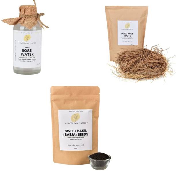 Homegrown Platter Gut Cooling COMBO | Sabja Seeds, Edible Rose Water &amp; Vetiver Roots | Pack of 3 Combo