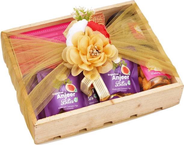 Ghasitaram Gifts Wooden tray-Sugarfree Kaju Katli,5 Sugarfree Bites,Paan Raisins ,Crunchy Cashews Combo