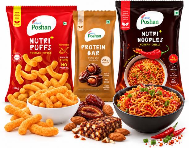 Acme Poshan Protein Bar white chocolate + Korean Noodles + Tomato Puff (Pack of 3) Combo