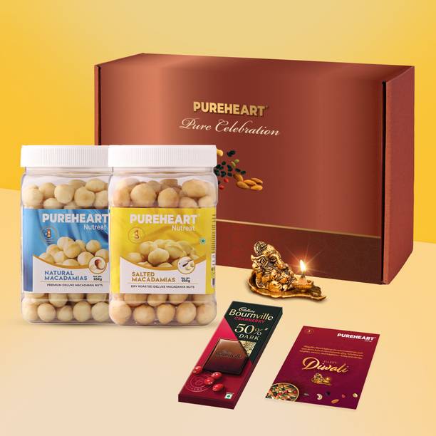 PUREHEART Diwali Dry Fruits Gift Box - Natural & Salted Macadamia, Chocolate & Diya, Card Combo