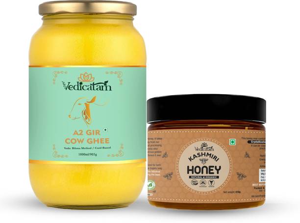 Vedicatam A2 Gir Cow Ghee 1Ltr & Raw Kashmiri Honey 410g Combo Combo