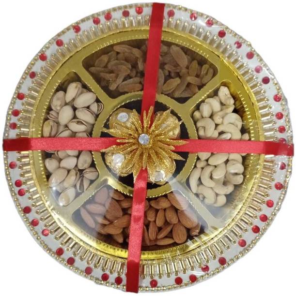 Happy Basket By Simran Dry Fruit tray gift hamper for Diwali, New year with dry fruits & Ferrero Rocher Combo
