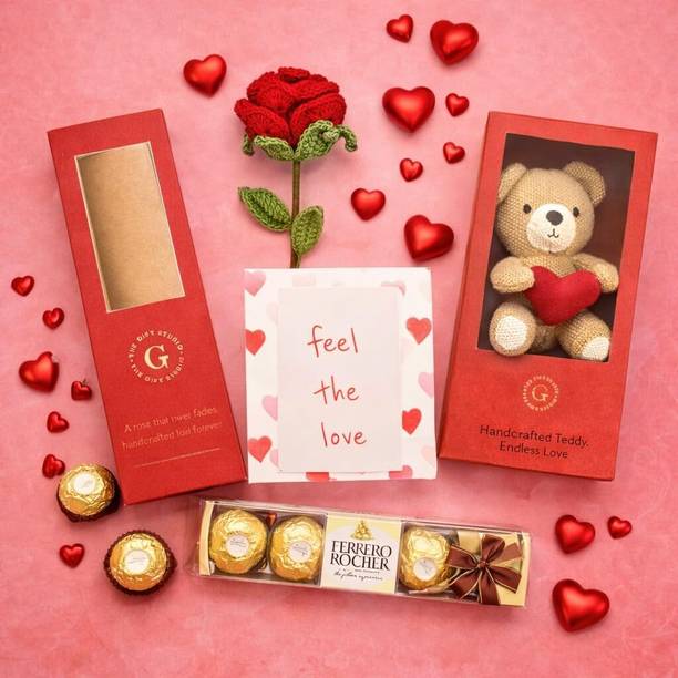 The Gift Studio Valentine Gift Hamper – Forever Rose, Teddy, Ferrero Rocher Chocolate & G Card Combo