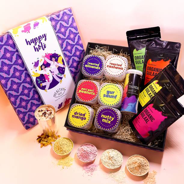 Healthy Treat Wholesome celebrations Holi Gift Box Hamper I Snacks, Thandai, Herbal Gulal Assorted Gift Box