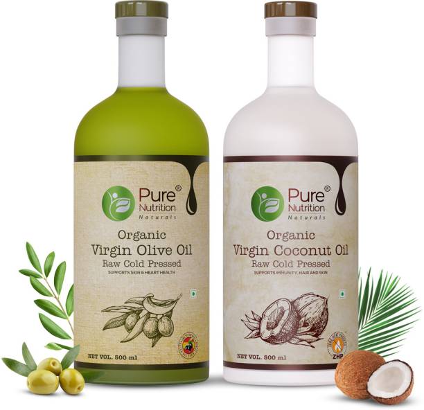 Pure Nutrition Multipurpose Cold pressed Oils - Coconut Oil + Olive Oil Glass Bottle Combo