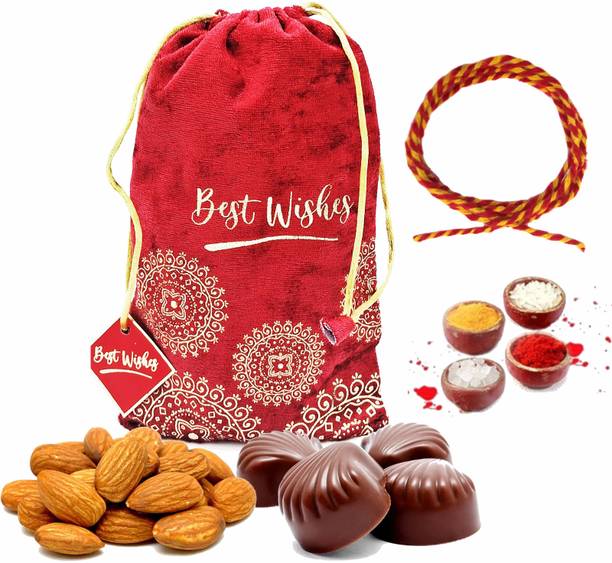 FabBites Bhai Dooj Gift for Brother with Almond,Chocolates in Red Velvet Potli with Tikka Combo