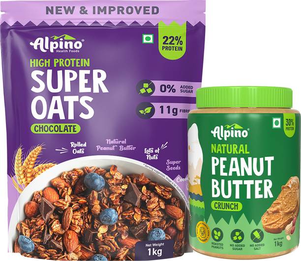 ALPINO Chocolate Oats 1kg & Natural Peanut Butter Crunch 1kg Combo
