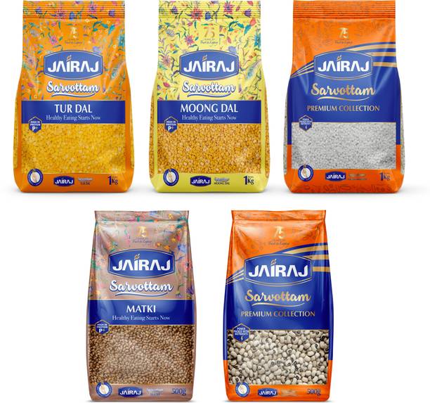 JairaJ Sarvottam Tur Dal + Moong Dal + Sabudana 1Kgx3, Matki + Chawli Small 500 Gm x2 Combo