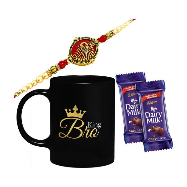 Cadbury King Bro Black mug with Red kundan Rakhi,1 Rakhi, 1 Tilak Pack With Rakshabandhan Greet Card Rakhi for Brother Bhai Bro Bhaiya with 2 Dairy Milk Chocolate Combo